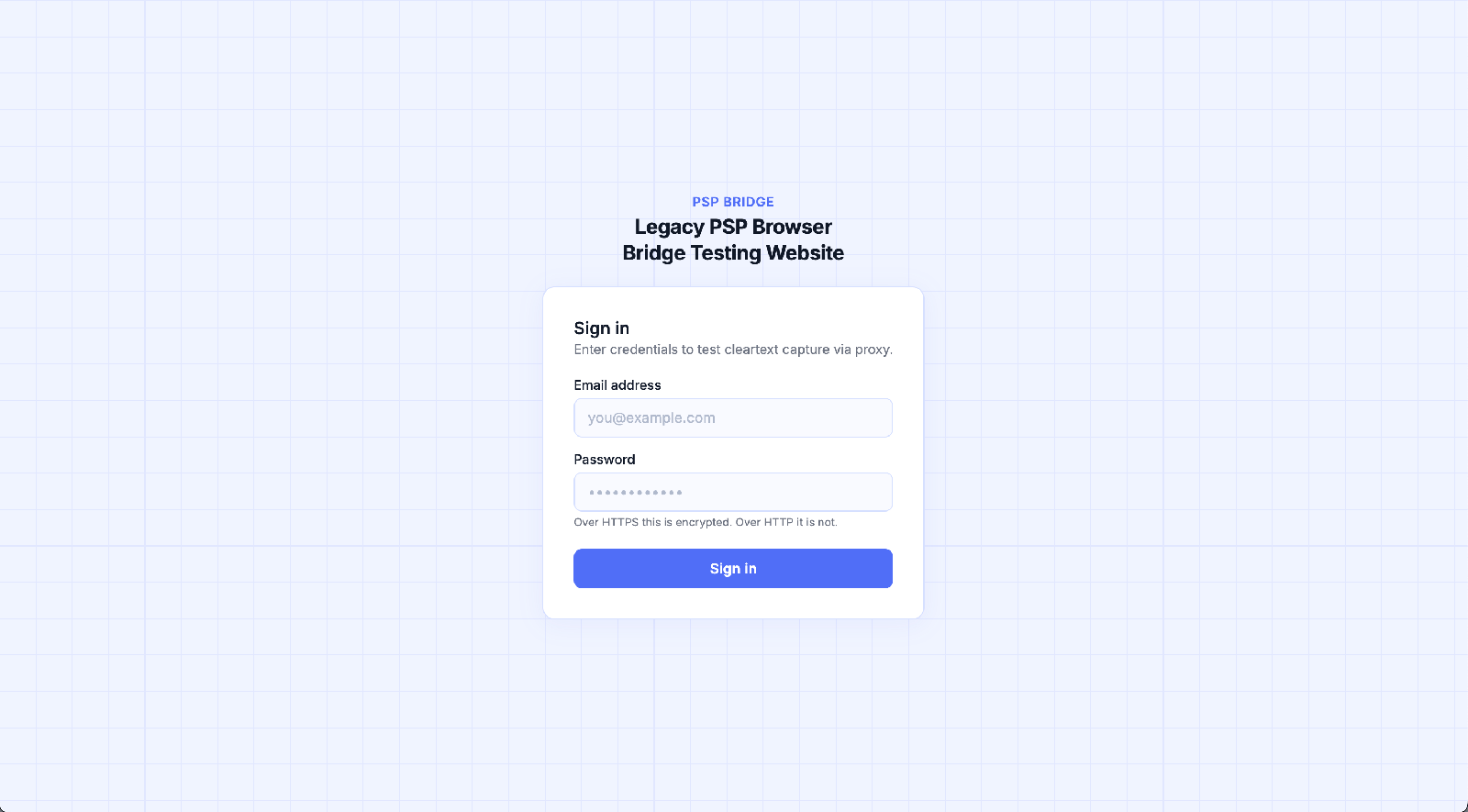 The PSP Bridge test sign-in page in a modern browser