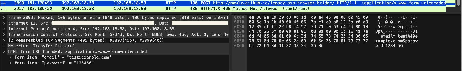 Wireshark capture of the PSP form submission through the proxy with email and password visible